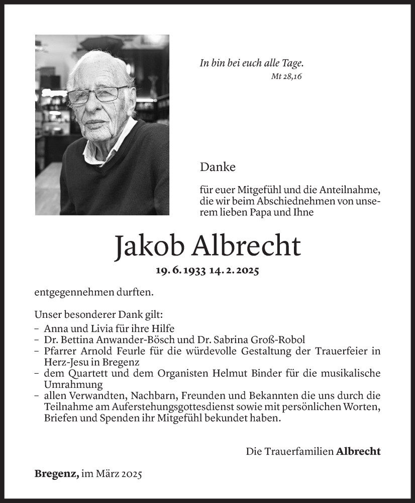  Todesanzeige für Jakob Albrecht vom 12.03.2025 aus Vorarlberger Nachrichten