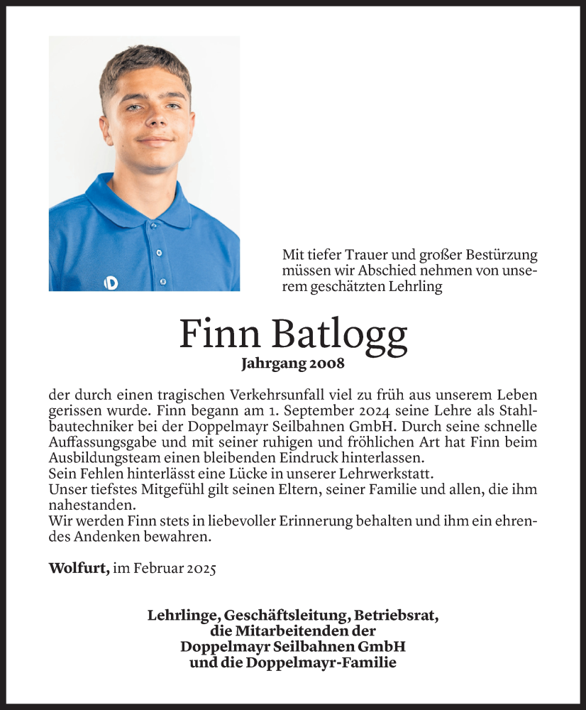  Todesanzeige für Finn Batlogg vom 03.03.2025 aus Vorarlberger Nachrichten