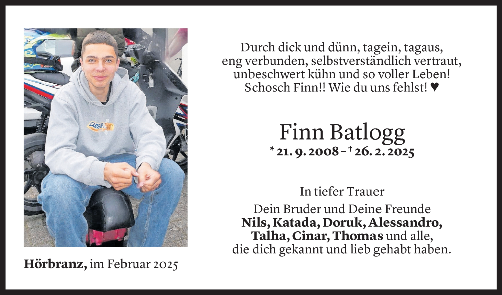  Todesanzeige für Finn Batlogg vom 03.03.2025 aus Vorarlberger Nachrichten