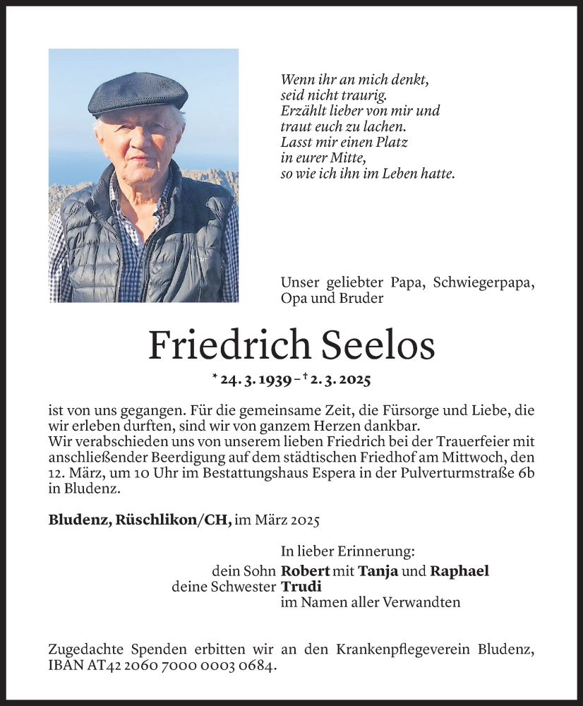  Todesanzeige für Friedrich Seelos vom 07.02.2025 aus Vorarlberger Nachrichten