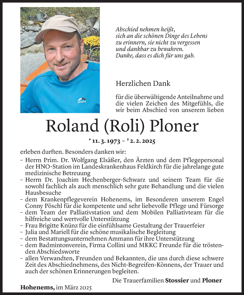  Todesanzeige für Roland Ploner vom 20.03.2025 aus Vorarlberger Nachrichten