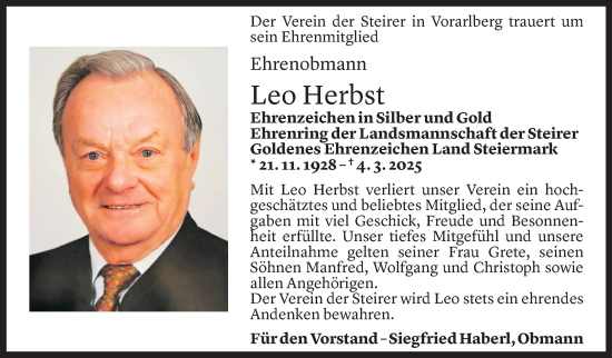 Todesanzeige von Leo Herbst von Vorarlberger Nachrichten