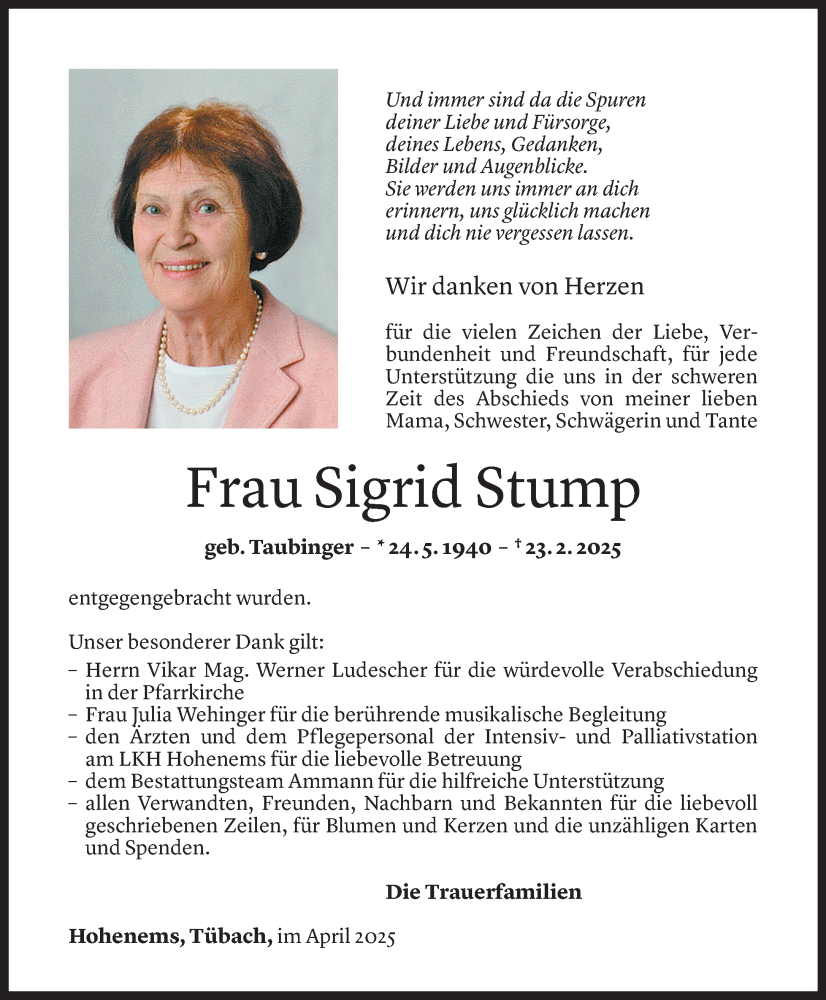  Todesanzeige für Sigrid Stump vom 31.03.2025 aus Vorarlberger Nachrichten