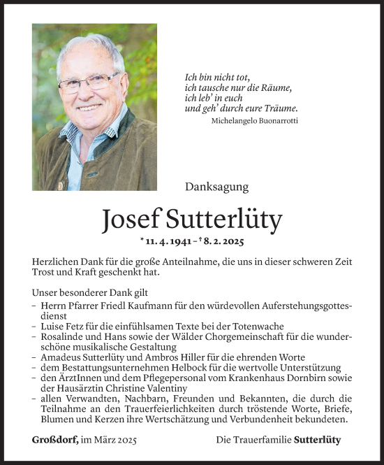 Todesanzeige von Josef Sutterlüty von Vorarlberger Nachrichten