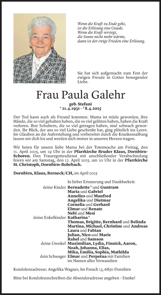  Todesanzeige für Paula Galehr vom 09.04.2025 aus Vorarlberger Nachrichten