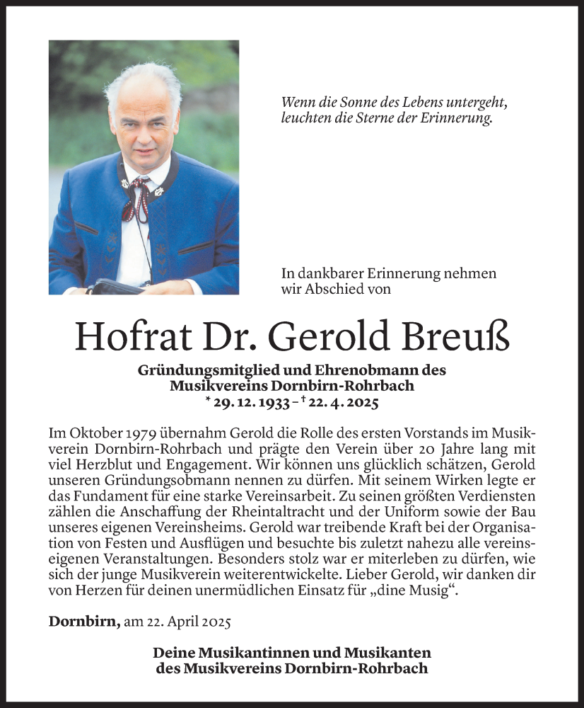  Todesanzeige für Gerold Breuß vom 25.04.2025 aus Vorarlberger Nachrichten
