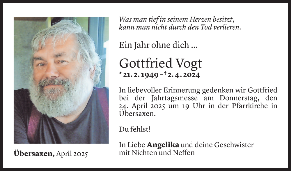  Todesanzeige für Gottfried Vogt vom 18.04.2025 aus Vorarlberger Nachrichten