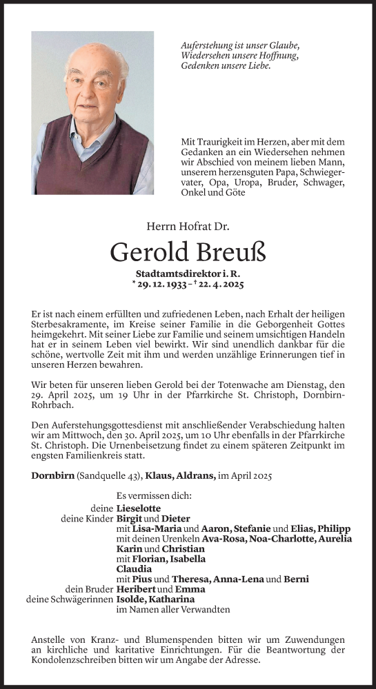  Todesanzeige für Gerold Breuß vom 25.04.2025 aus Vorarlberger Nachrichten