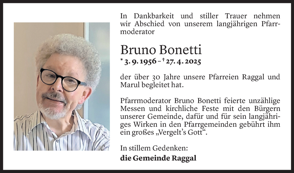  Todesanzeige für Bruno Bonetti vom 29.04.2025 aus Vorarlberger Nachrichten