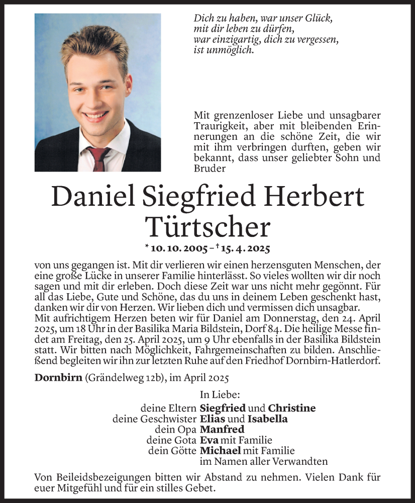  Todesanzeige für Daniel Siegfried Herbert Türtscher vom 18.04.2025 aus Vorarlberger Nachrichten