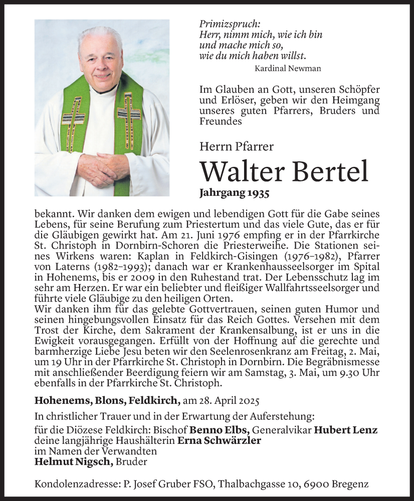 Todesanzeige für Walter Bertel vom 29.04.2025 aus Vorarlberger Nachrichten