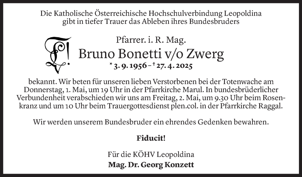  Todesanzeige für Bruno Bonetti vom 30.04.2025 aus Vorarlberger Nachrichten