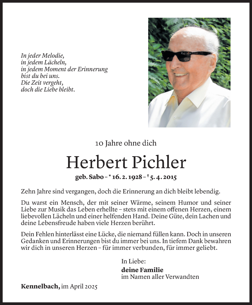  Todesanzeige für Herbert Pichler vom 04.04.2025 aus Vorarlberger Nachrichten