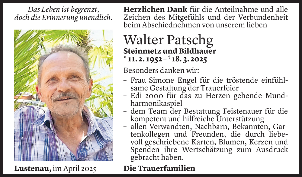 Todesanzeige für Walter Patschg vom 25.04.2025 aus Vorarlberger Nachrichten