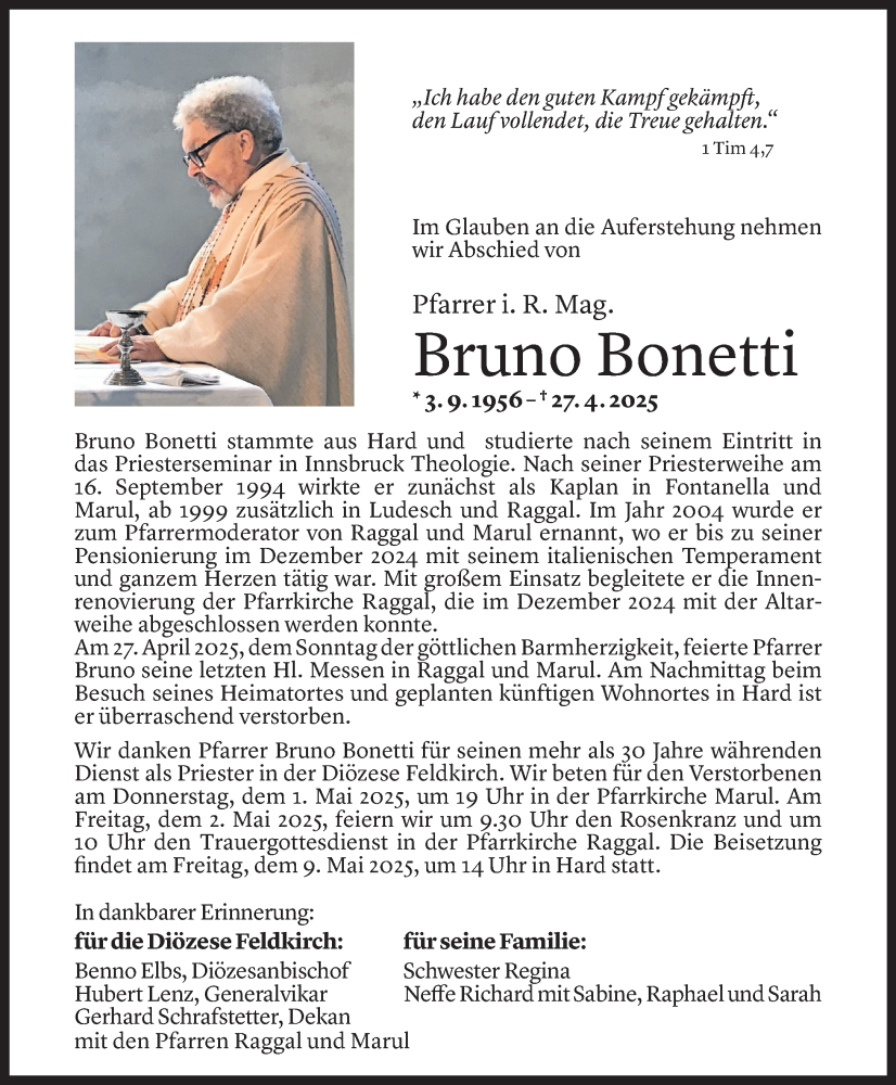  Todesanzeige für Bruno Bonetti vom 29.04.2025 aus Vorarlberger Nachrichten
