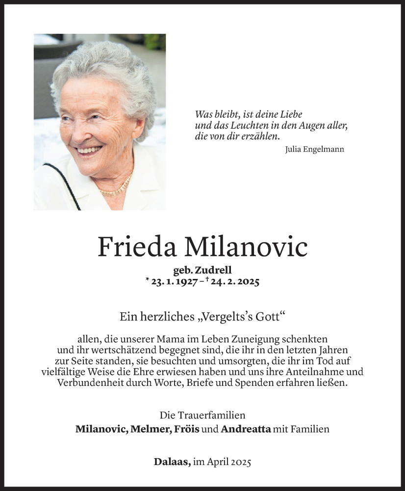  Todesanzeige für Frieda Milanovic vom 11.04.2025 aus Vorarlberger Nachrichten