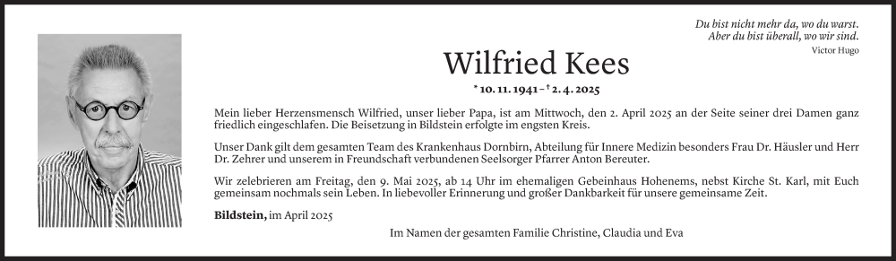  Todesanzeige für Wilfried Kees vom 17.04.2025 aus Vorarlberger Nachrichten