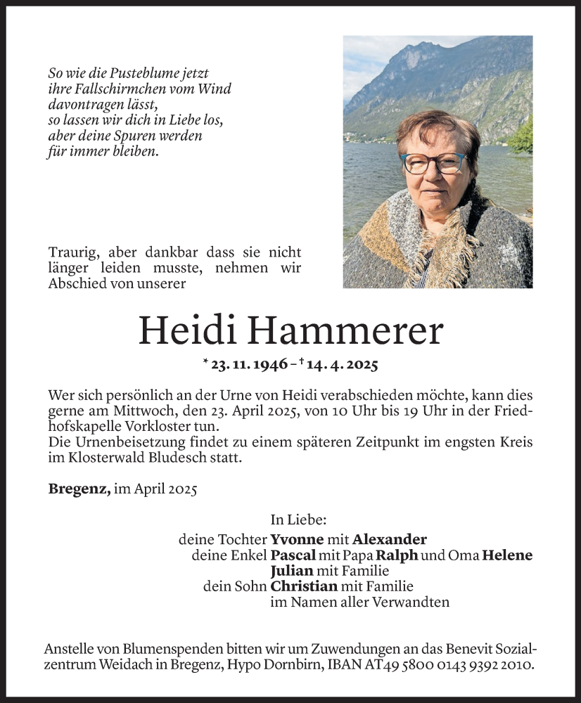  Todesanzeige für Heidi Hammerer vom 18.04.2025 aus Vorarlberger Nachrichten