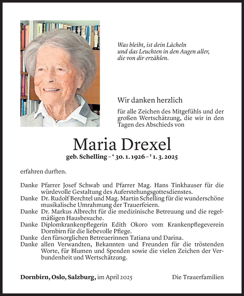  Todesanzeige für Maria Drexel vom 11.04.2025 aus Vorarlberger Nachrichten