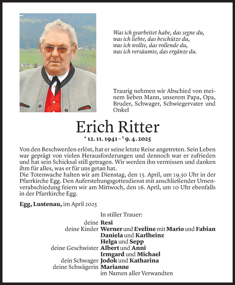  Todesanzeige für Erich Ritter vom 13.04.2025 aus Vorarlberger Nachrichten