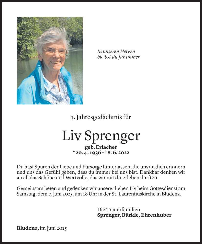  Todesanzeige für Liv Sprenger vom 01.06.2025 aus Vorarlberger Nachrichten