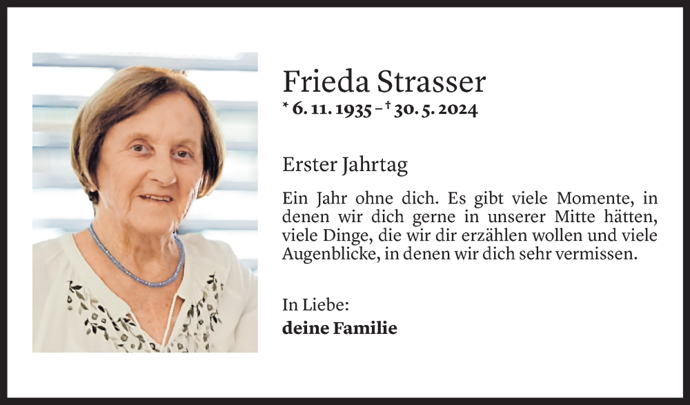  Todesanzeige für Frieda Strasser vom 31.05.2025 aus Vorarlberger Nachrichten