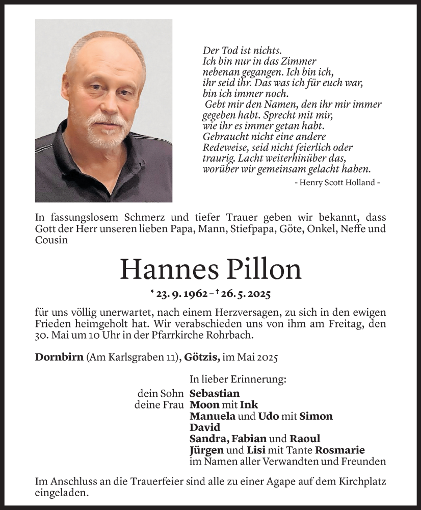 Todesanzeige für Hannes Pillon vom 27.05.2025 aus Vorarlberger Nachrichten