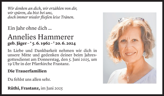 Todesanzeige von Annelies Hammerer von Vorarlberger Nachrichten