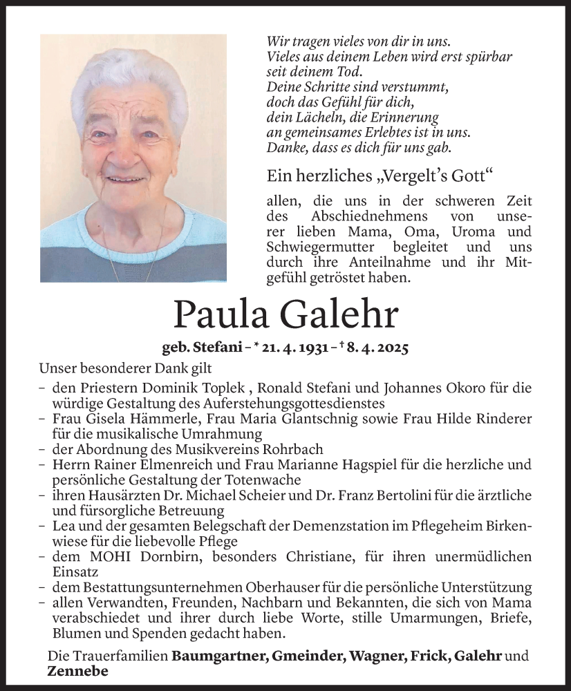  Todesanzeige für Paula Galehr vom 09.05.2025 aus Vorarlberger Nachrichten
