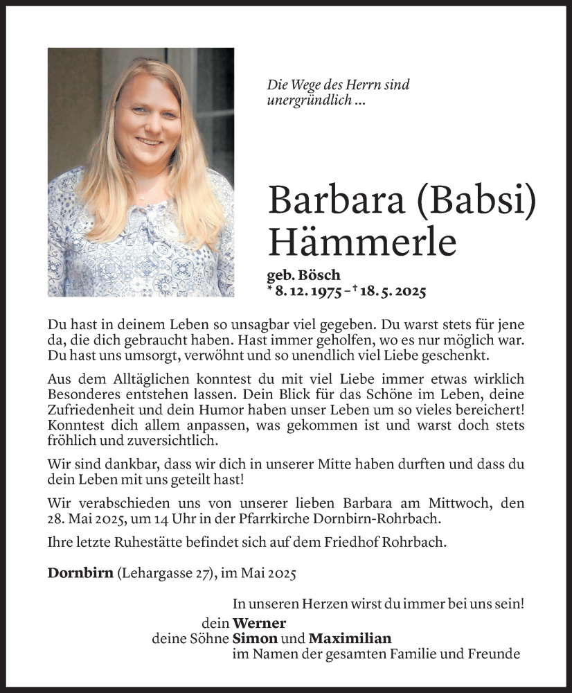  Todesanzeige für Barbara Hämmerle vom 23.05.2025 aus Vorarlberger Nachrichten