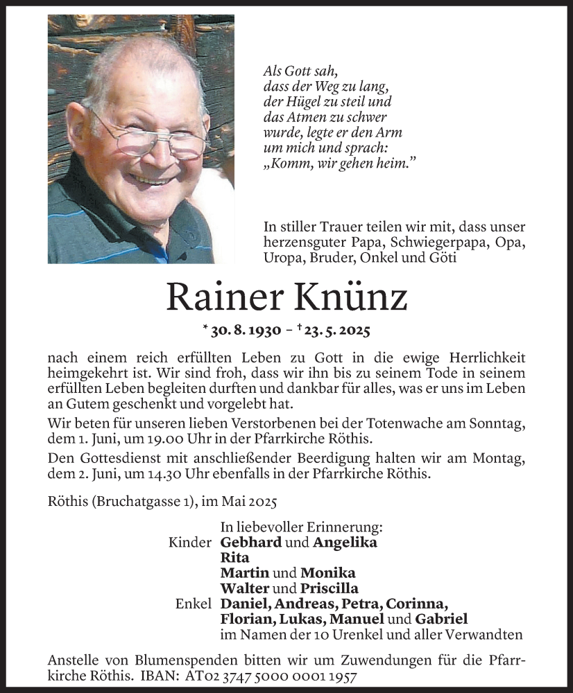  Todesanzeige für Rainer Knünz vom 27.05.2025 aus Vorarlberger Nachrichten