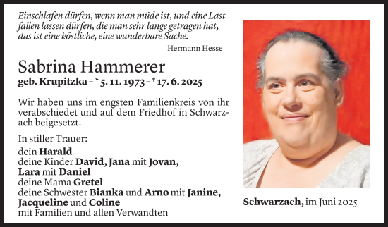 Todesanzeige von Sabrina Hammerer von Vorarlberger Nachrichten