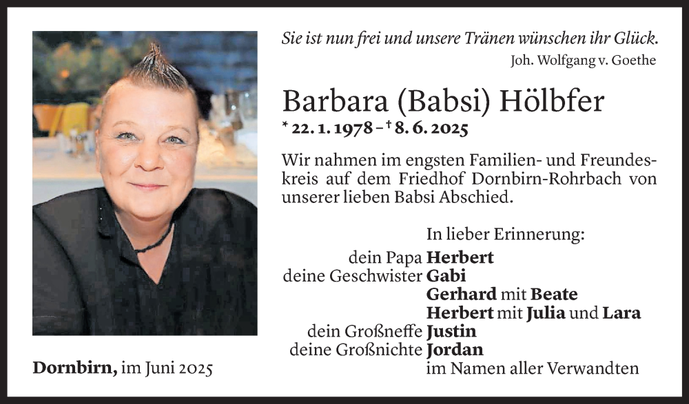  Todesanzeige für Barbara Hölbfer vom 25.06.2025 aus Vorarlberger Nachrichten