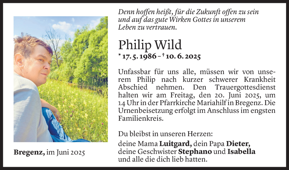  Todesanzeige für Philip Wild vom 13.06.2025 aus Vorarlberger Nachrichten