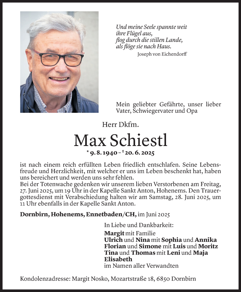  Todesanzeige für Max Schiestl vom 24.06.2025 aus Vorarlberger Nachrichten