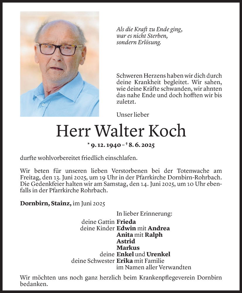  Todesanzeige für Walter Koch vom 10.06.2025 aus Vorarlberger Nachrichten