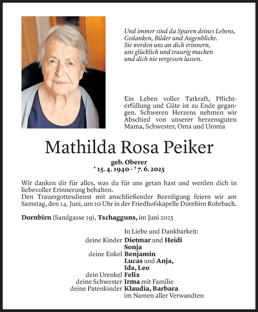  Todesanzeige für Mathilda Rosa Peiker vom 11.06.2025 aus Vorarlberger Nachrichten