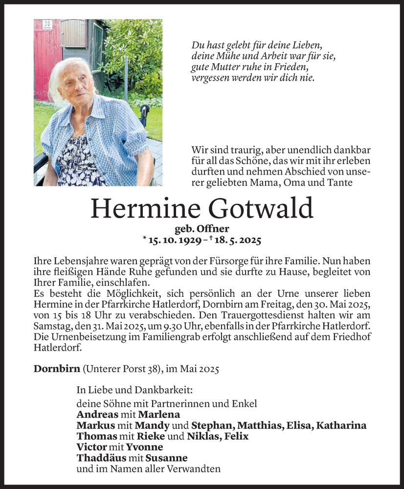  Todesanzeige für Hermine Gotwald vom 23.05.2025 aus Vorarlberger Nachrichten