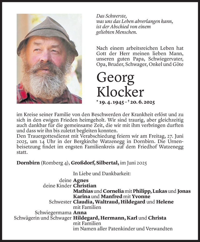  Todesanzeige für Georg Klocker vom 24.06.2025 aus Vorarlberger Nachrichten