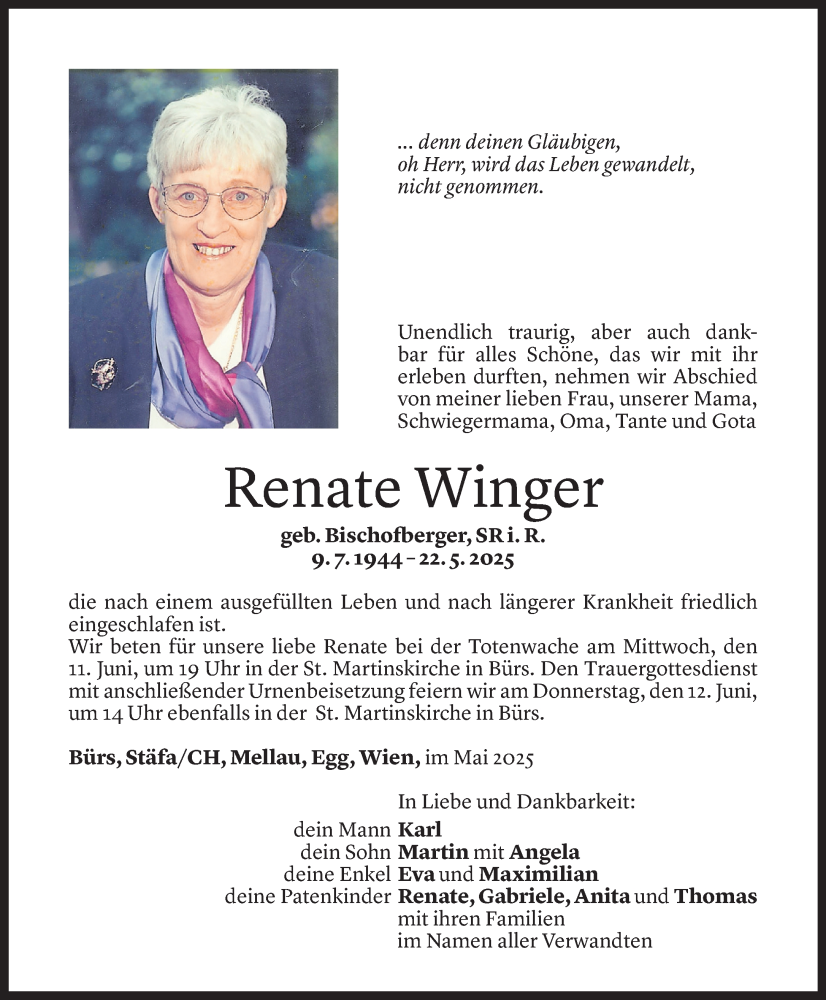 Todesanzeige für Renate Winger vom 06.06.2025 aus Vorarlberger Nachrichten
