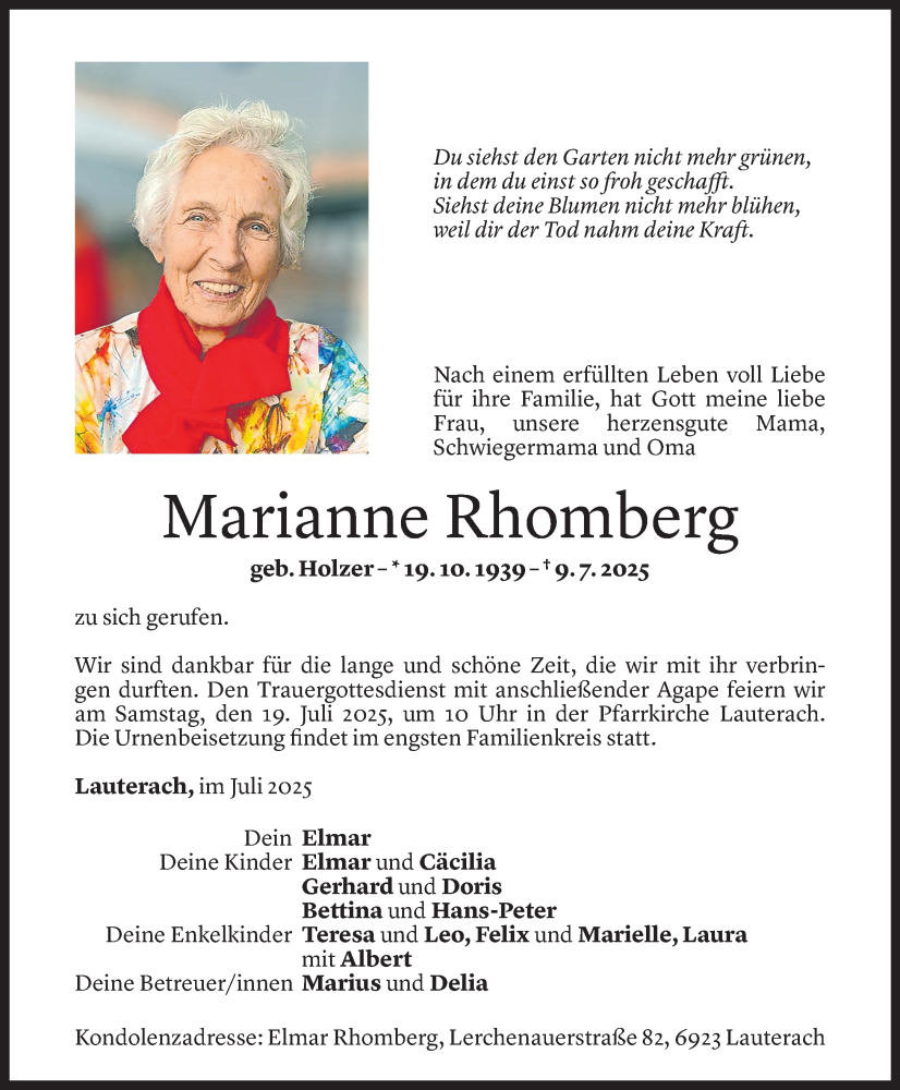  Todesanzeige für Marianne Rhomberg vom 14.07.2025 aus Vorarlberger Nachrichten