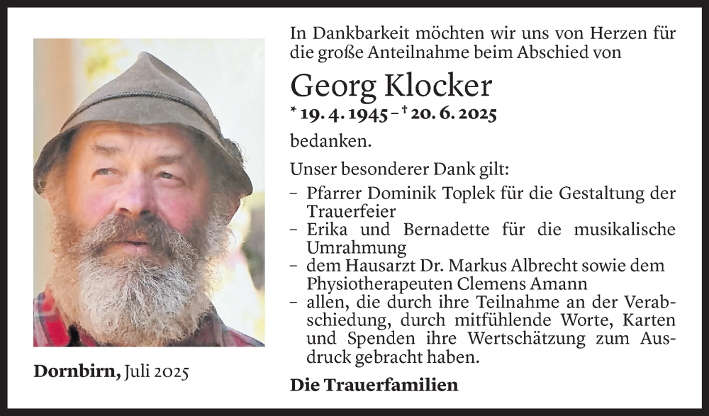  Todesanzeige für Georg Klocker vom 19.07.2025 aus Vorarlberger Nachrichten