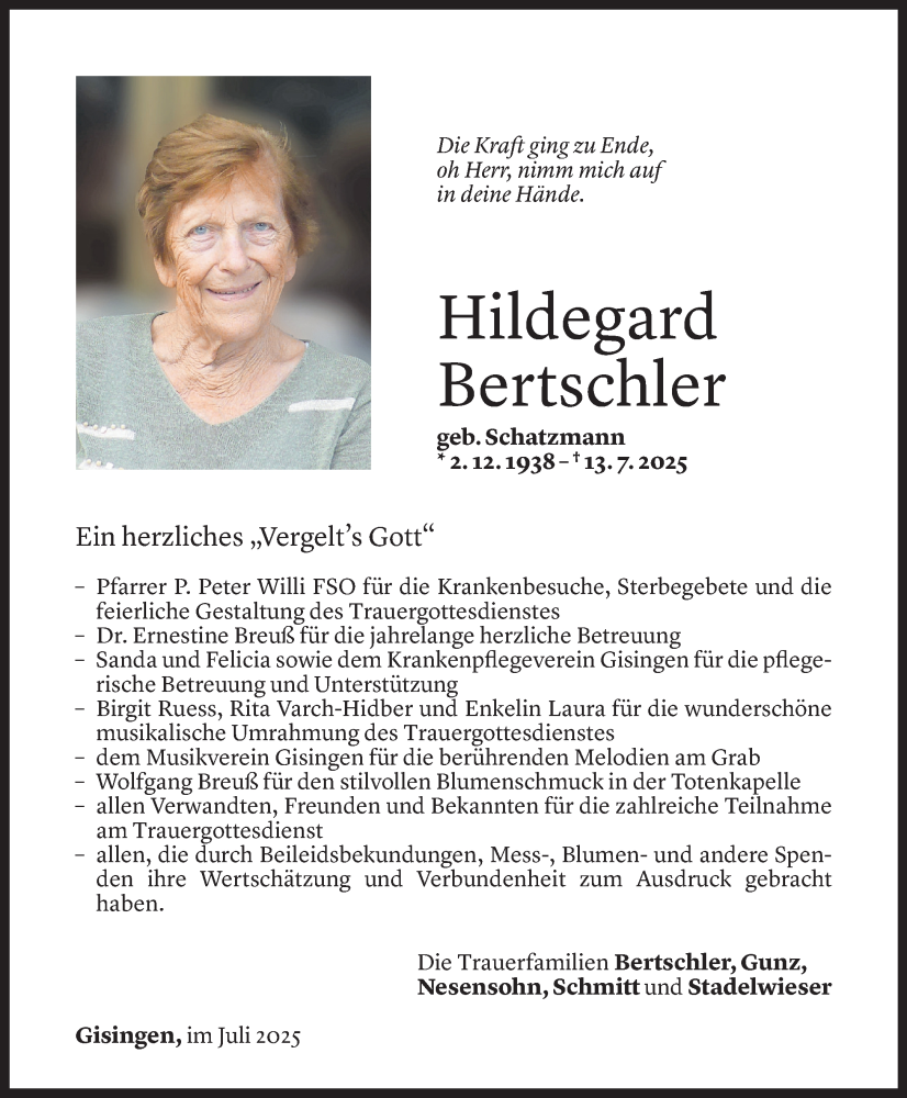  Todesanzeige für Hildegard Bertschler vom 29.07.2025 aus Vorarlberger Nachrichten