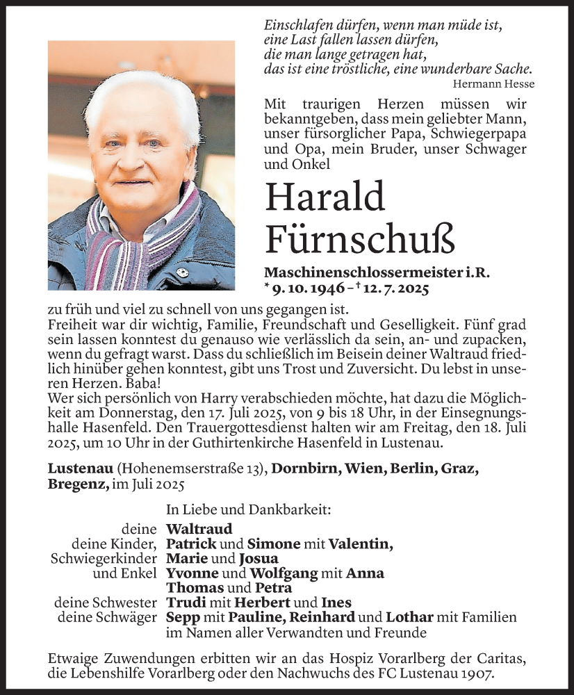  Todesanzeige für Harald Fürnschuß vom 16.07.2025 aus Vorarlberger Nachrichten