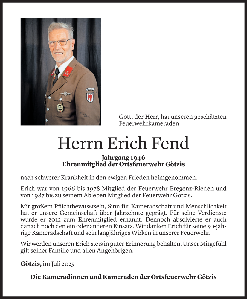  Todesanzeige für Erich Fend vom 28.07.2025 aus Vorarlberger Nachrichten
