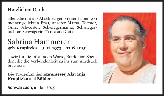 Todesanzeige von Sabrina Hammerer von Vorarlberger Nachrichten