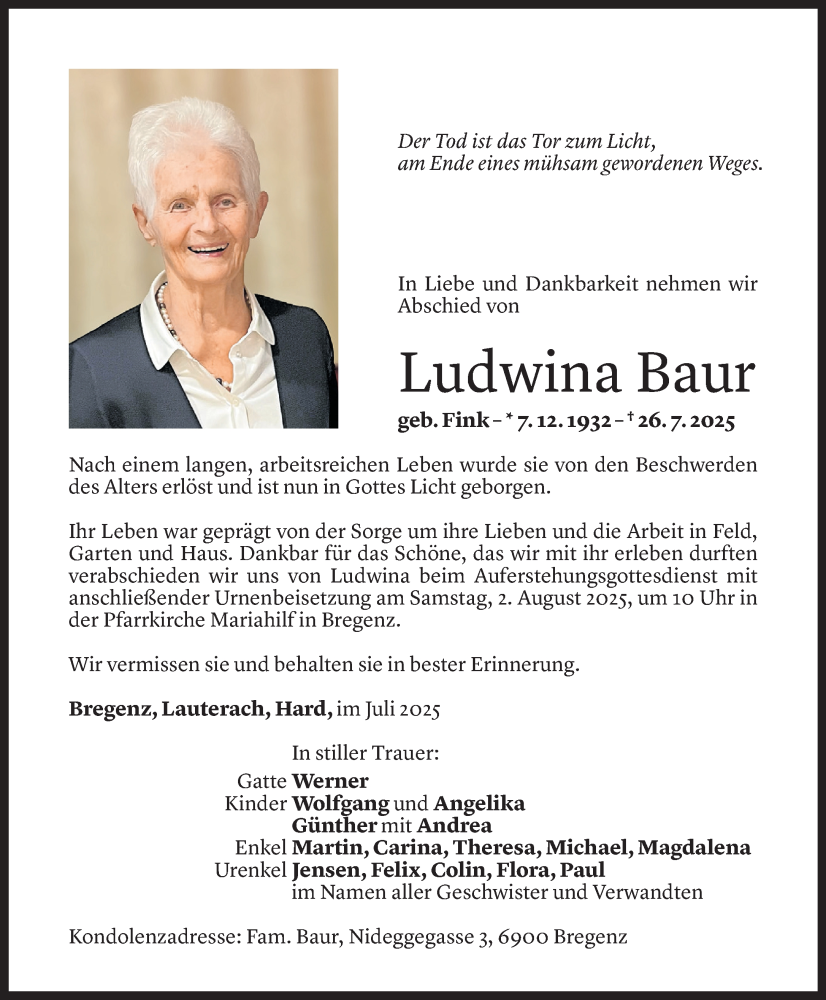  Todesanzeige für Ludwina Baur vom 30.07.2025 aus Vorarlberger Nachrichten