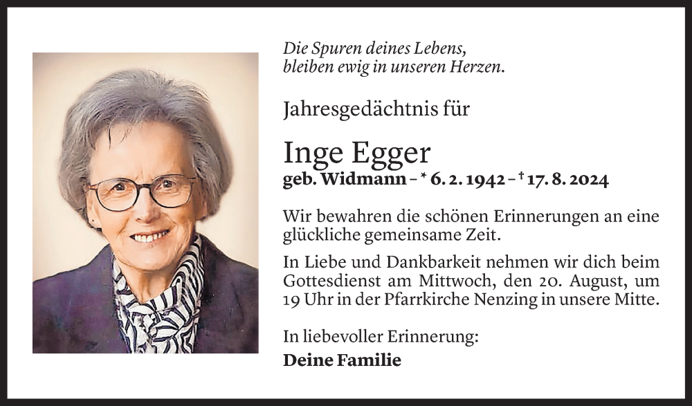  Todesanzeige für Inge Egger vom 16.08.2025 aus Vorarlberger Nachrichten