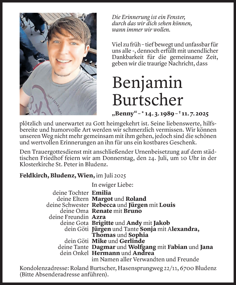  Todesanzeige für Benjamin Burtscher vom 19.07.2025 aus Vorarlberger Nachrichten