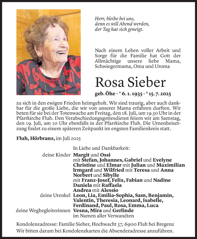  Todesanzeige für Rosa Sieber vom 16.07.2025 aus Vorarlberger Nachrichten